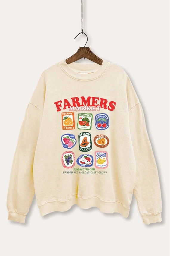 Beige sweatshirt with 'Farmers Market' graphic on a hanger against a white background