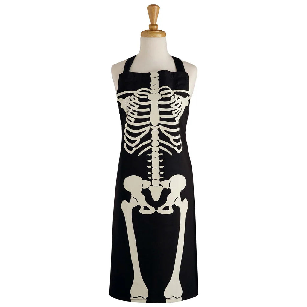 Black apron with a white skeleton design on a mannequin against a white background