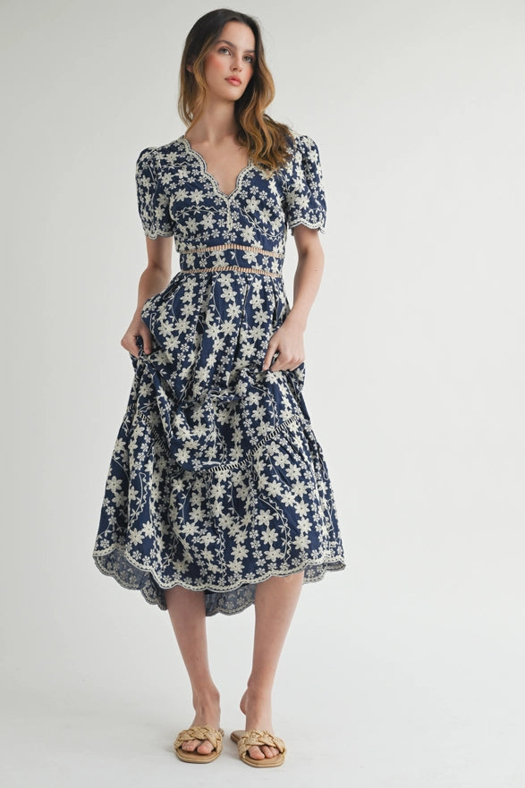 Woman wearing a blue floral dress on a white background