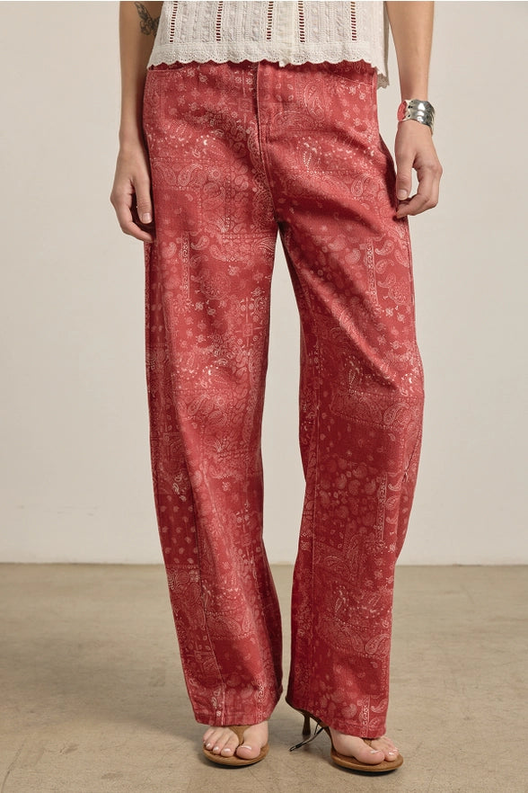 Red patterned pants worn by a person on a neutral background