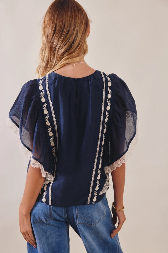 Navy blue top with lace details worn by a person on a plain background