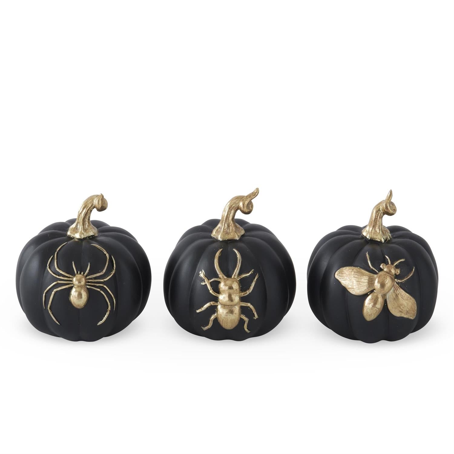Three black pumpkins with gold insect decorations on a white background