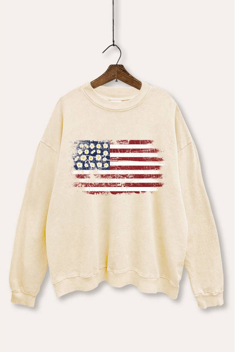 Beige sweatshirt with American flag design on a hanger against a white background