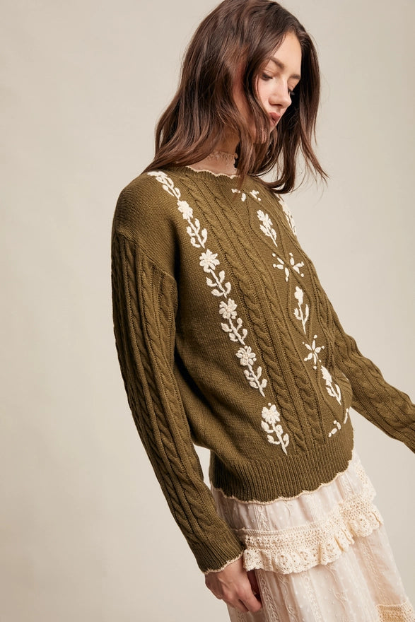 Woman wearing a green sweater with floral patterns on a plain background