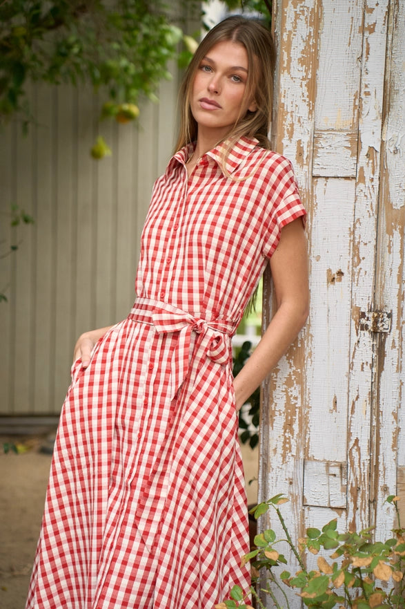 Woman wearing a red and white checkered dress standing against a rustic wooden wall.
