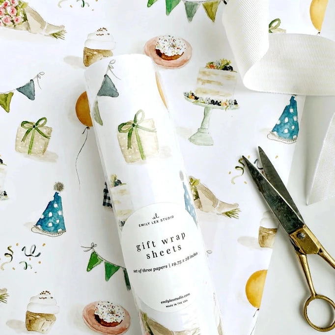 Gift wrap sheets with festive designs on a white background