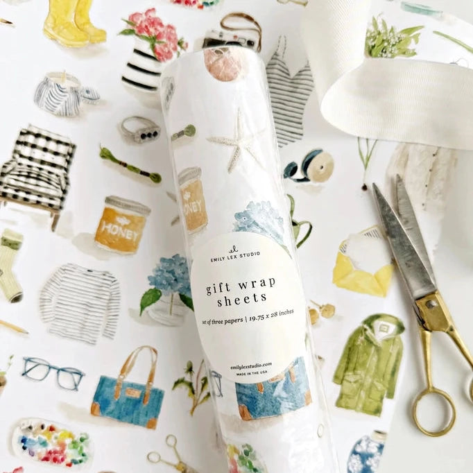 Pack of gift wrap sheets with illustrations on a white background