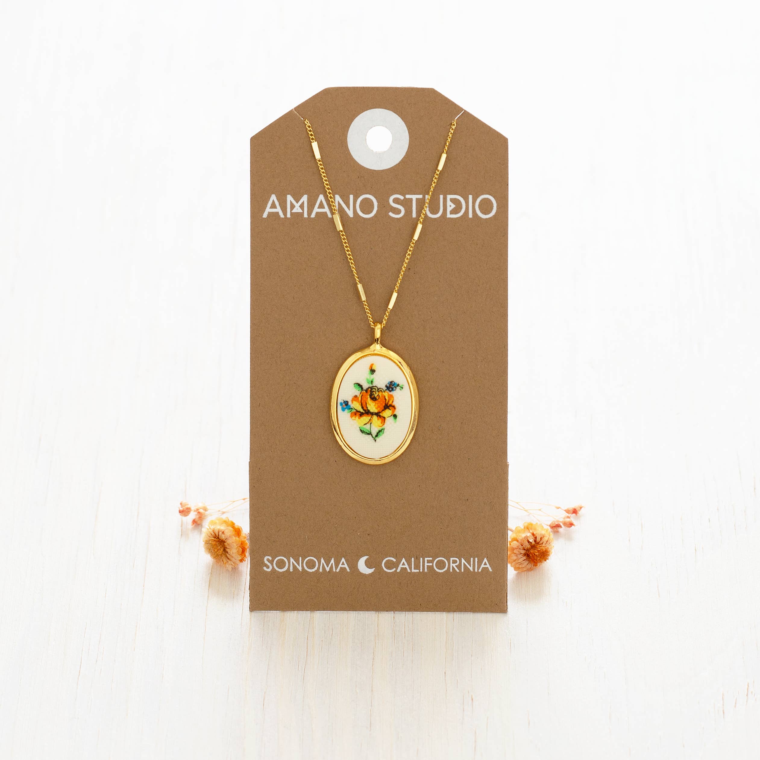 Needlepoint Flower Vintage Cameo Necklace