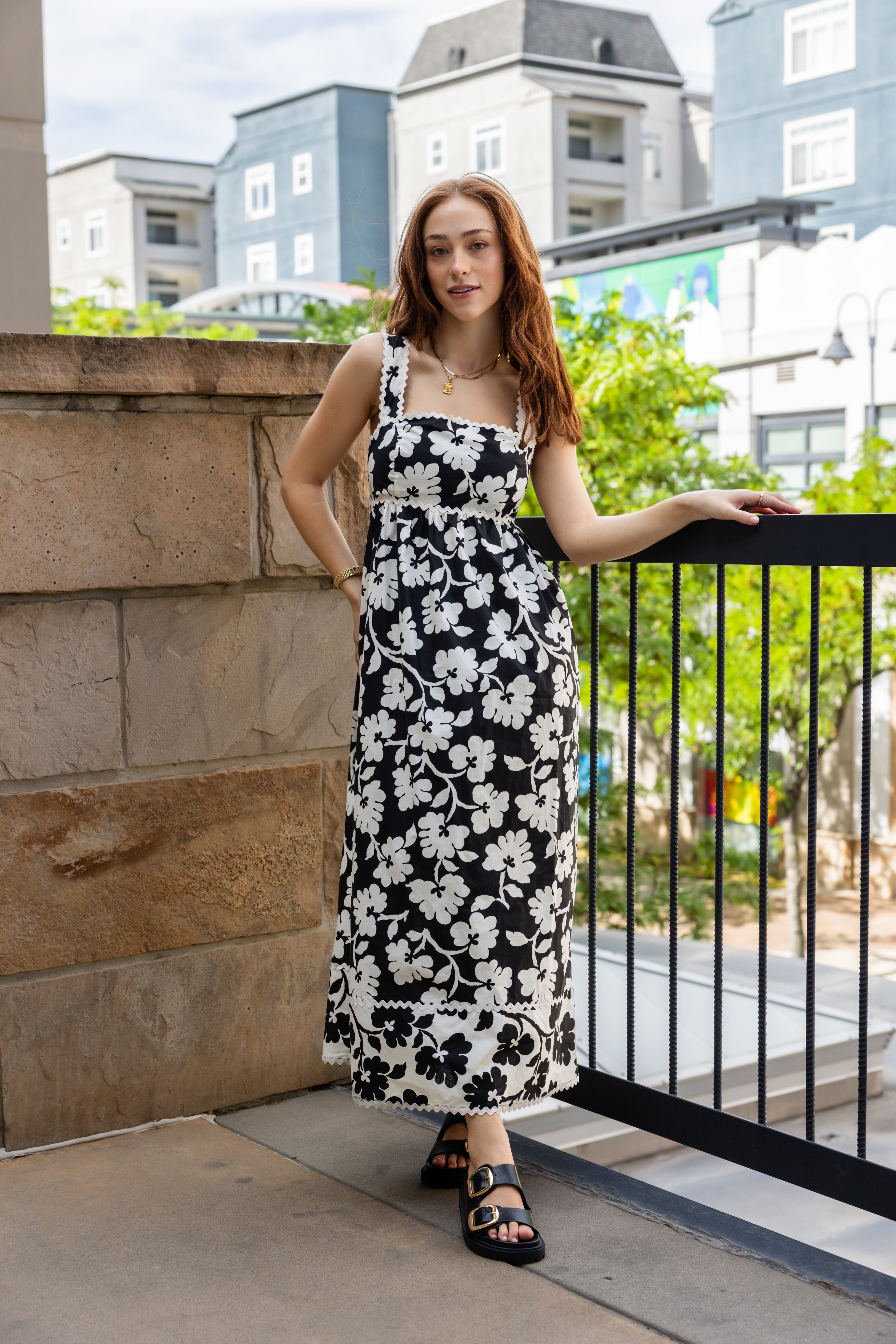 Black maxi floral dress square neck ric-rack trim detailing