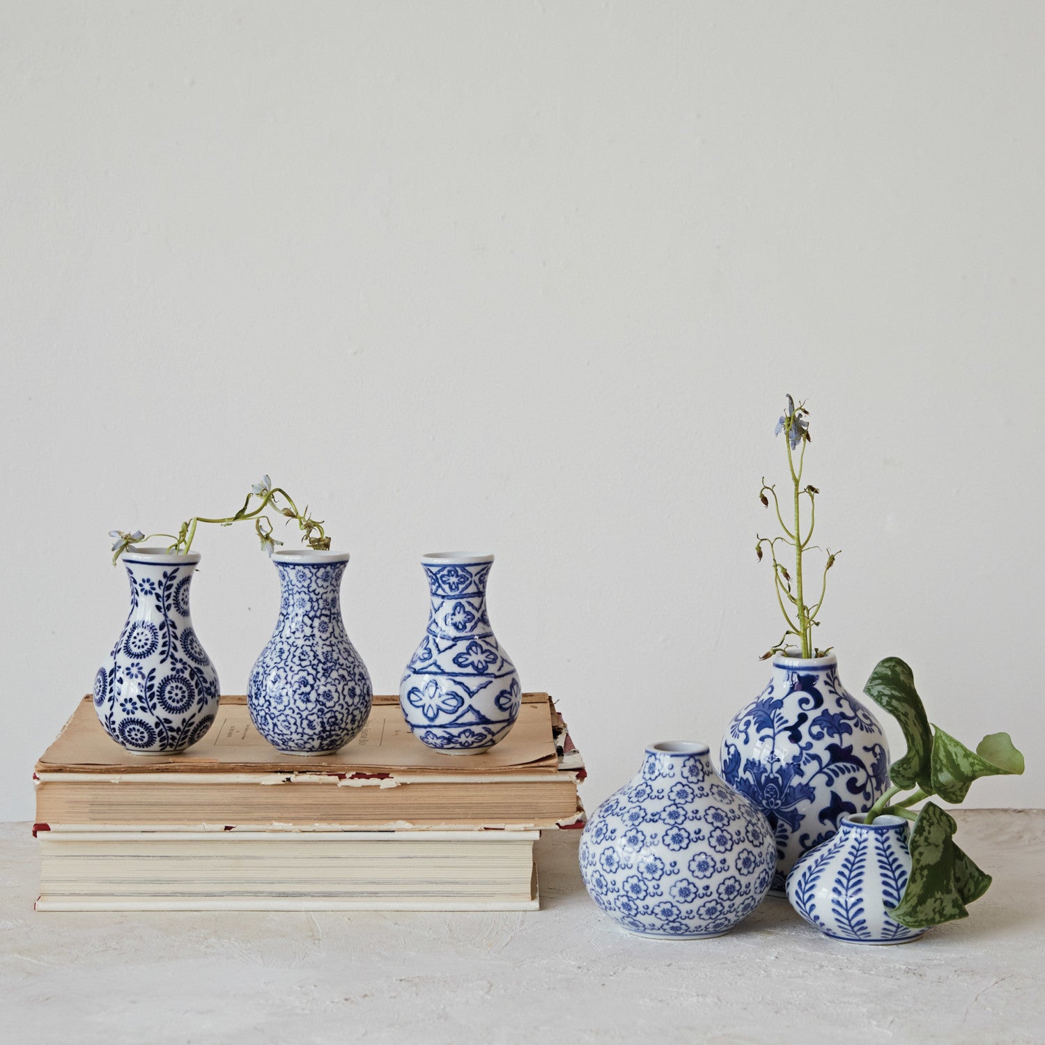 Hand-Stamped Blue & White Stoneware Vase