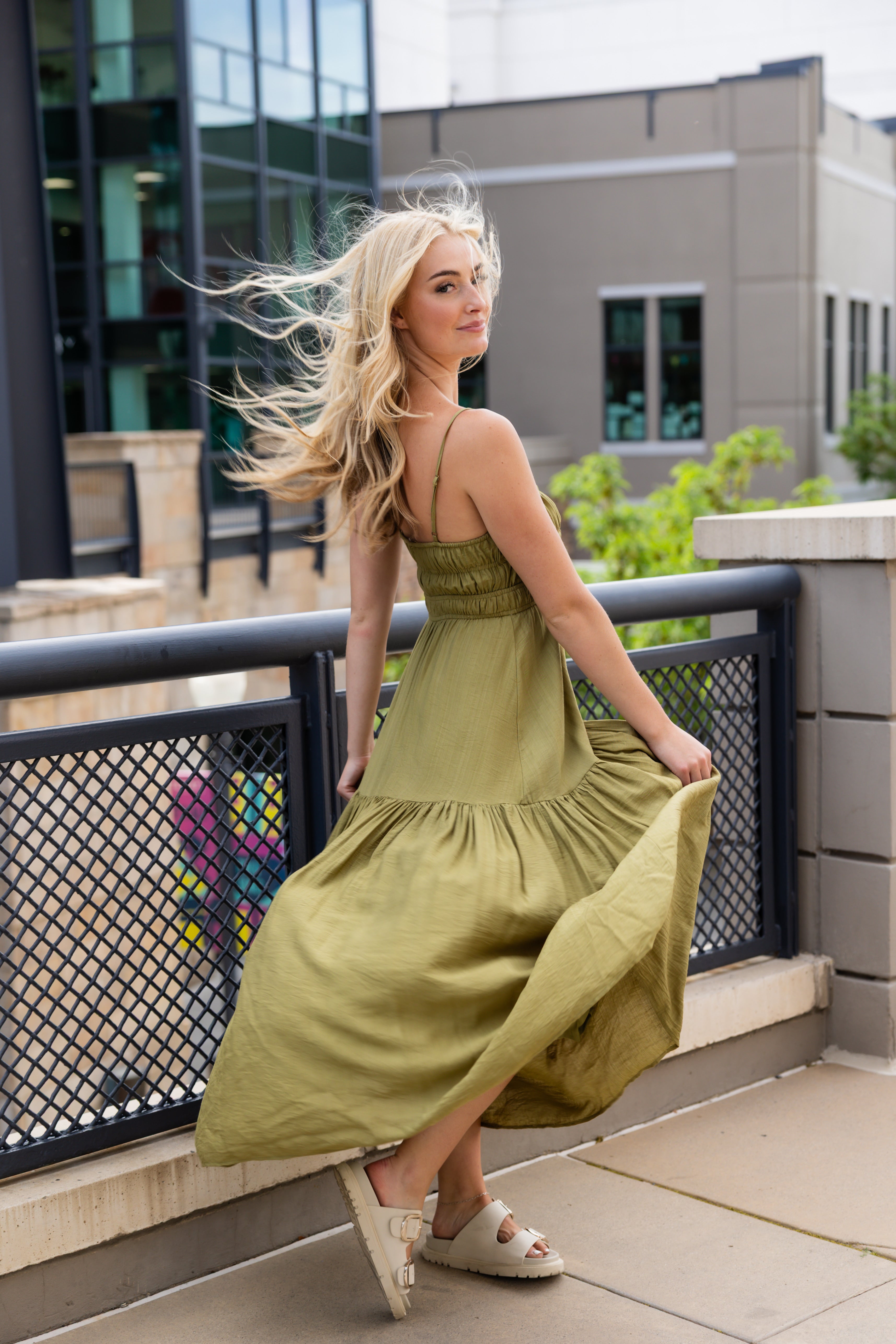 Green maxi dress adjustable spaghetti strap front self tie ruffle hem 