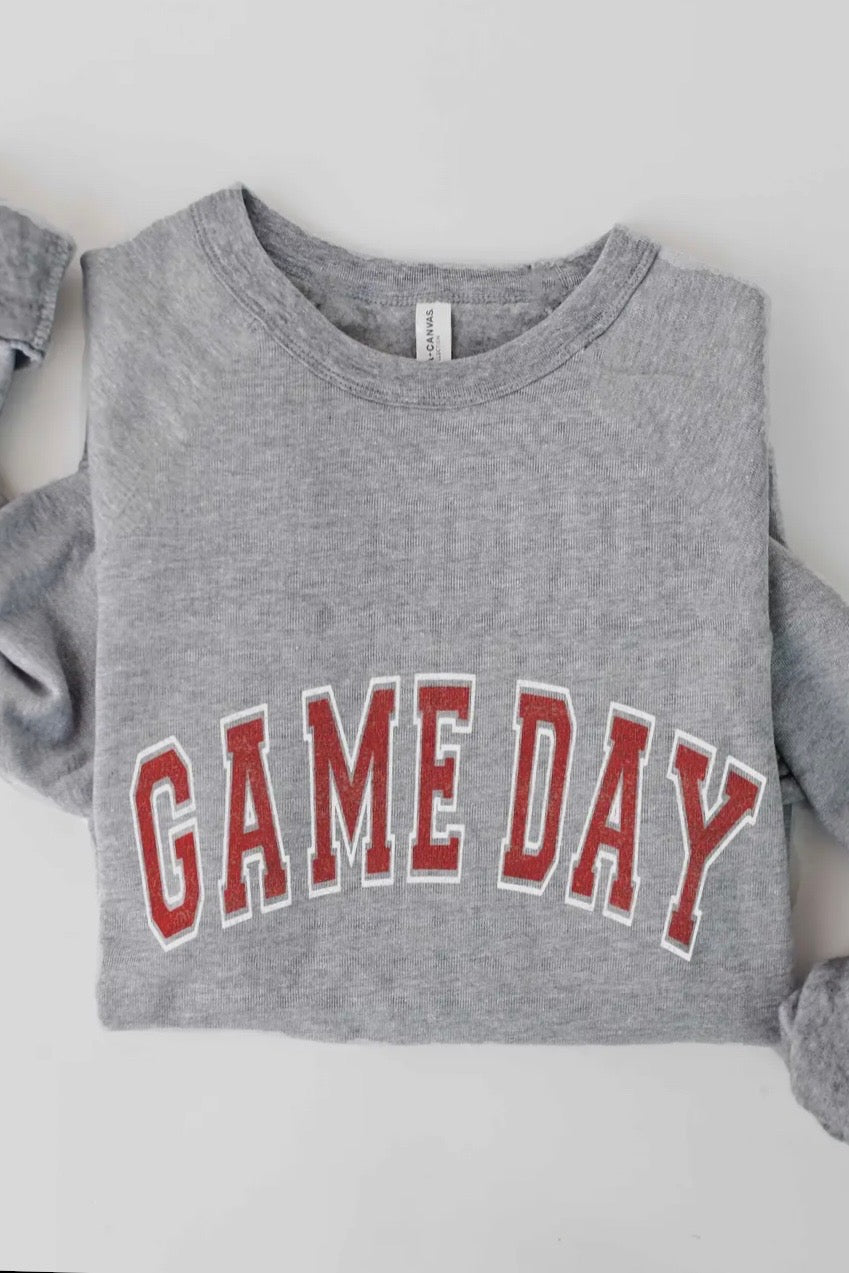 Gray sweatshirt with 'GAME DAY' in red text on a light gray background