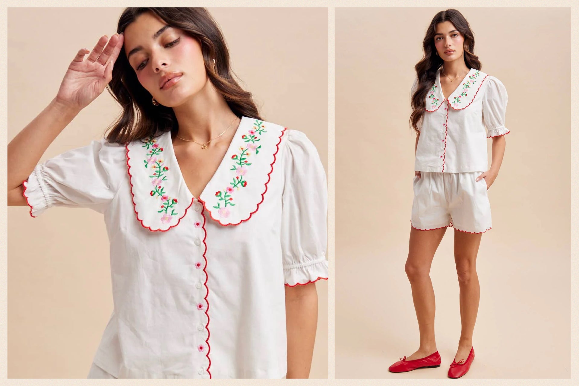 Woman wearing a white embroidered top and shorts set on a beige background