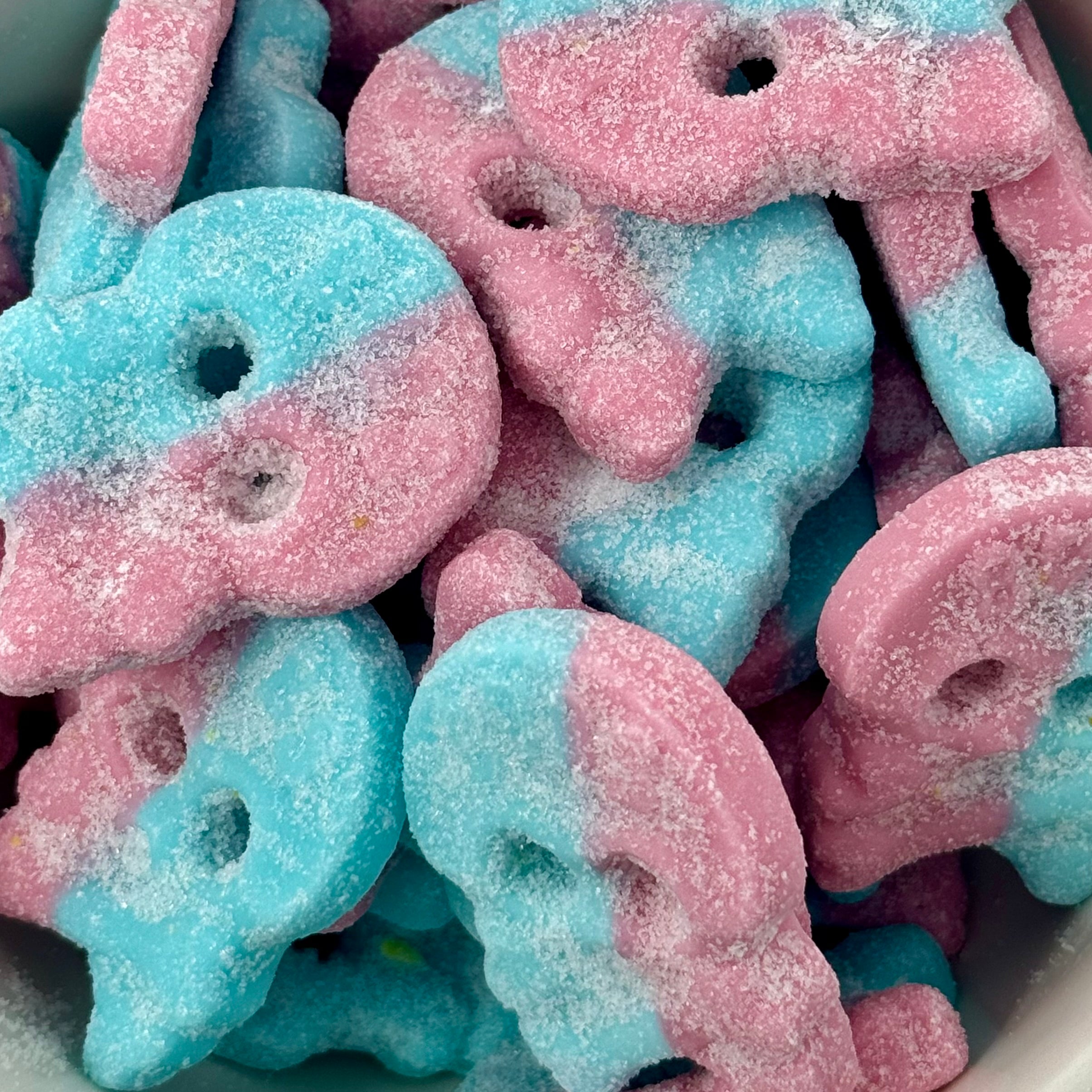 Swedish sour blue and pink skulls