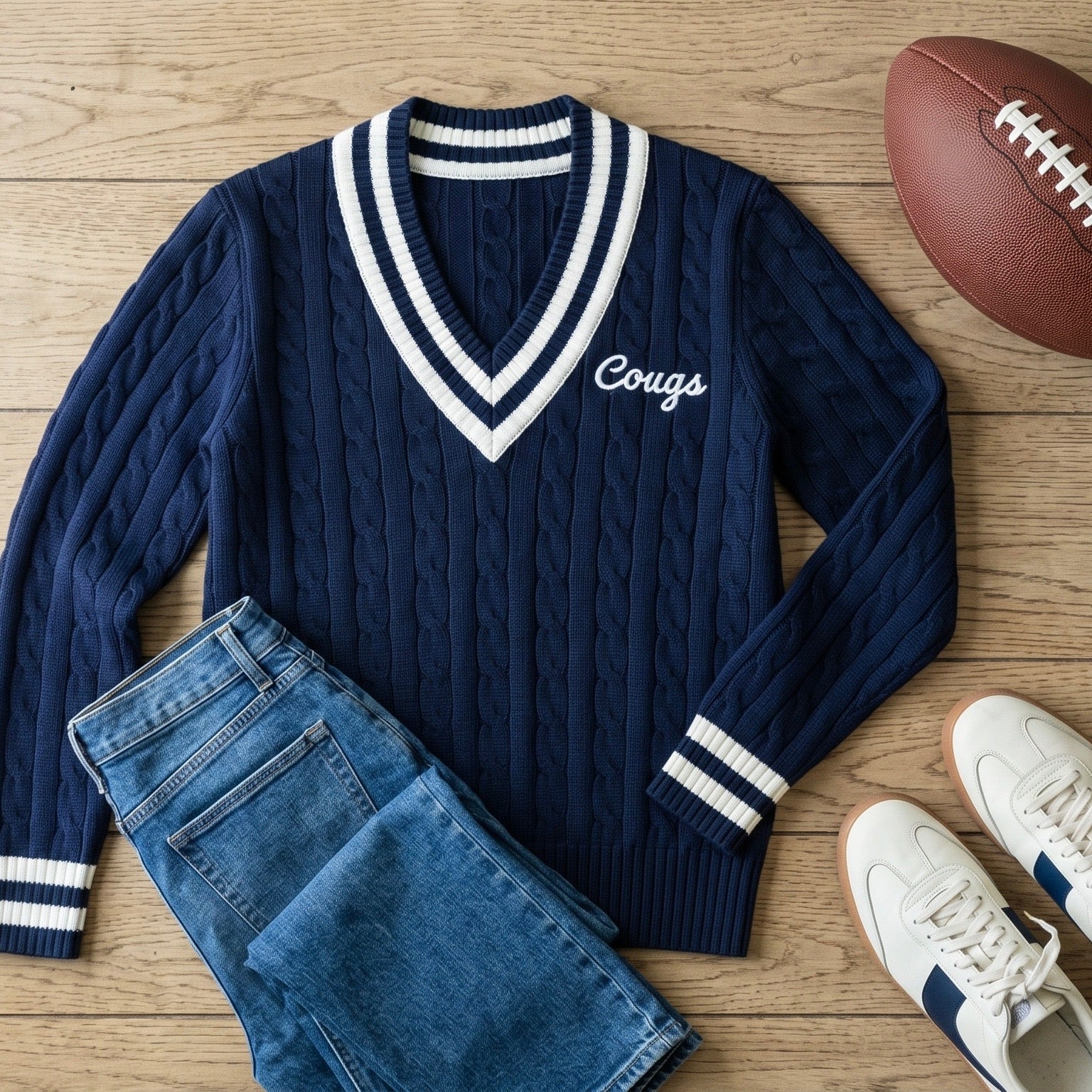A navy blue cable-knit V-neck sweater with white striped trim and 'Cougs' embroidered on the chest, styled in a flat lay on a wooden surface with blue jeans, a football, and white sneakers.