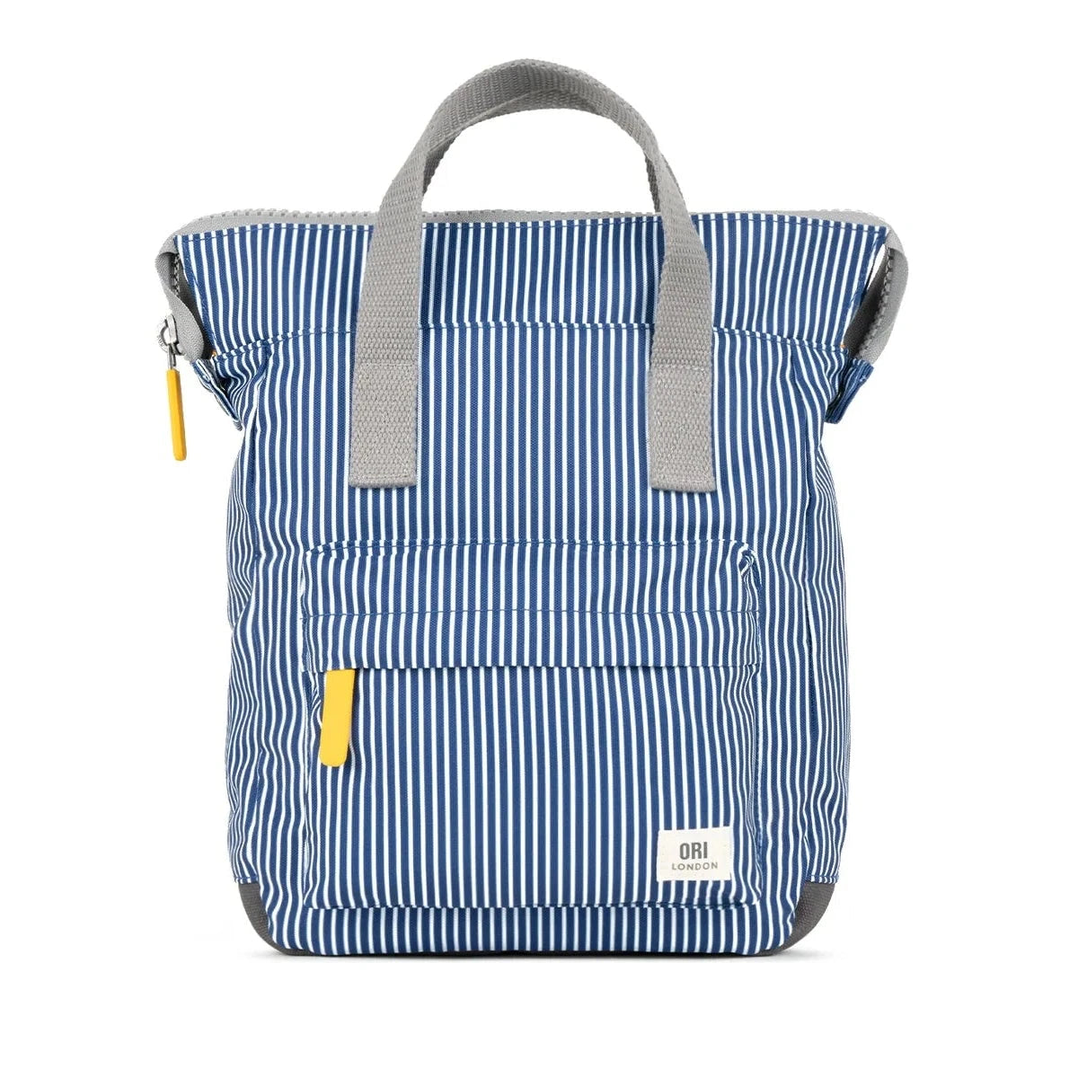 Blue striped backpack with gray straps on a white background
