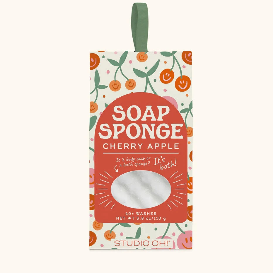 Soap sponge packaging with cherry apple design on a white background