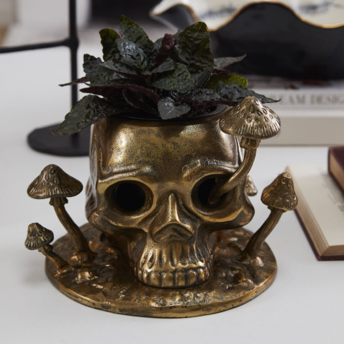 Decorative skull with mushrooms and a plant on a white surface