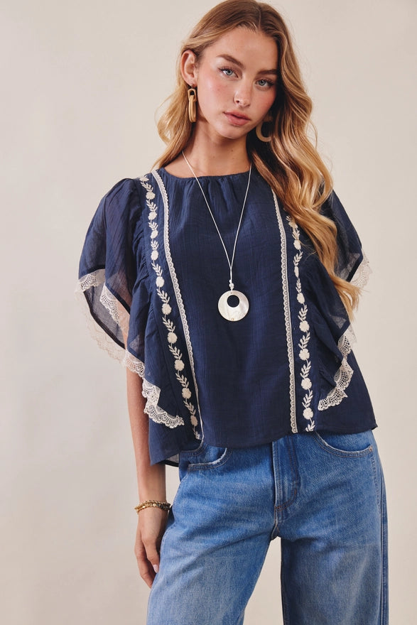 Woman wearing a navy blue top with lace details and blue jeans against a plain background