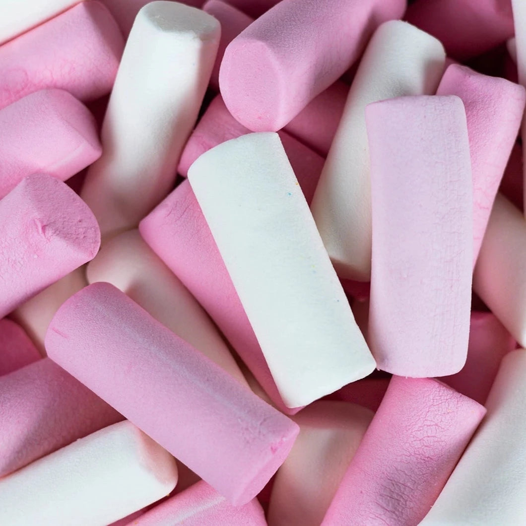 Close-up of pink and white marshmallows
