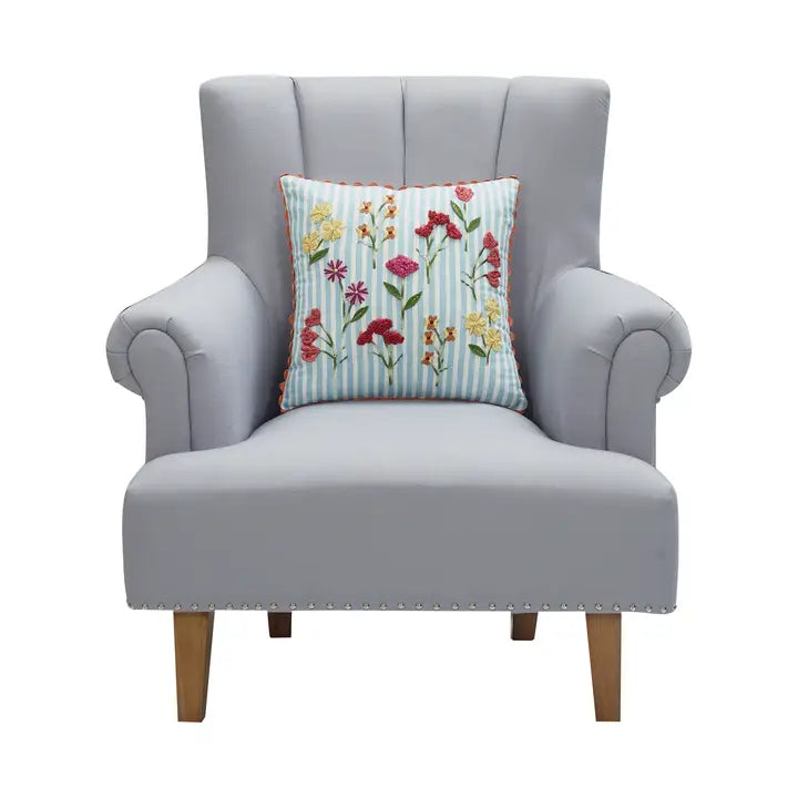 Blue Stripe Floral Embroidered Pillow