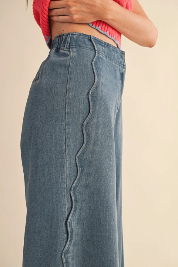 Close-up of blue jeans with a beige background