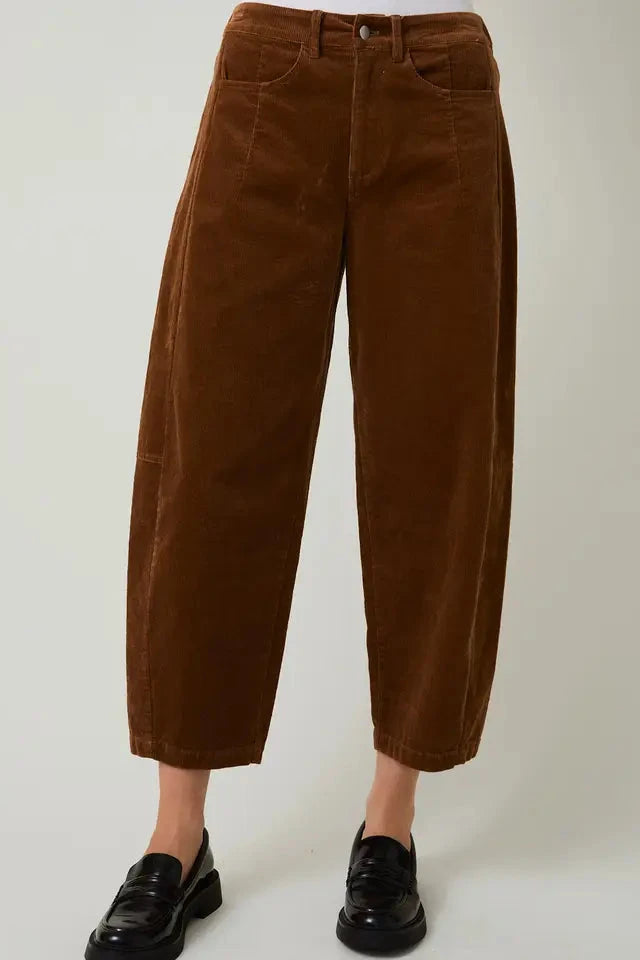 Brown corduroy pants worn by a person on a white background