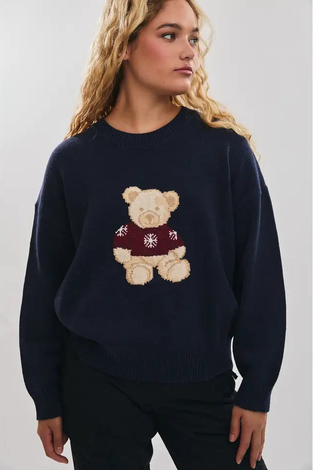 Person wearing a navy sweater with a teddy bear design on a plain background