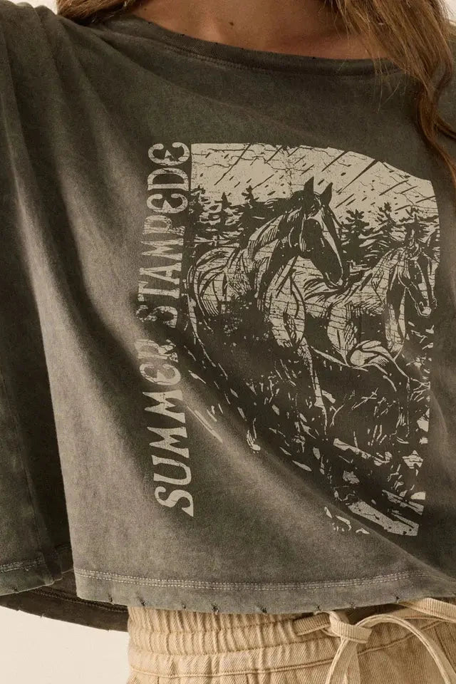 Gray t-shirt with horse graphic and 'Summer Stampede' text worn by a person.