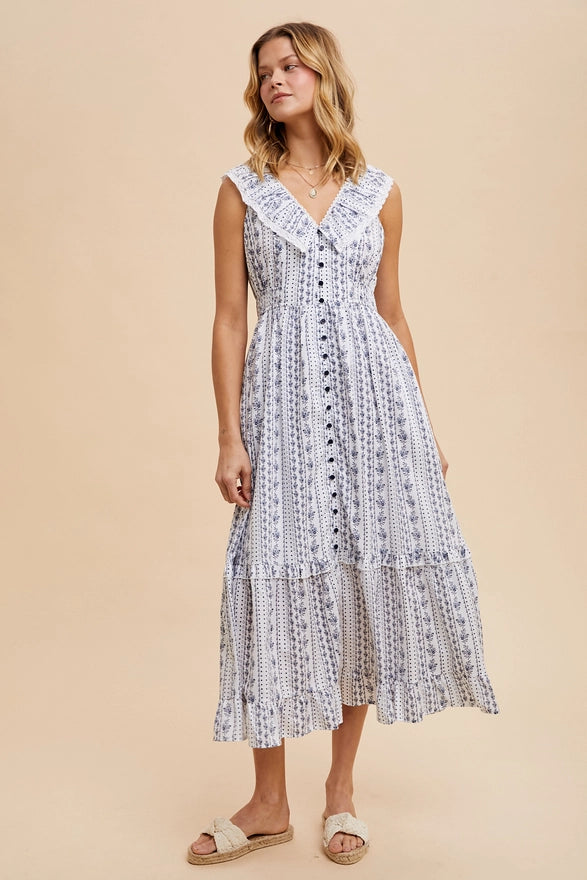 Woman wearing a floral dress on a beige background