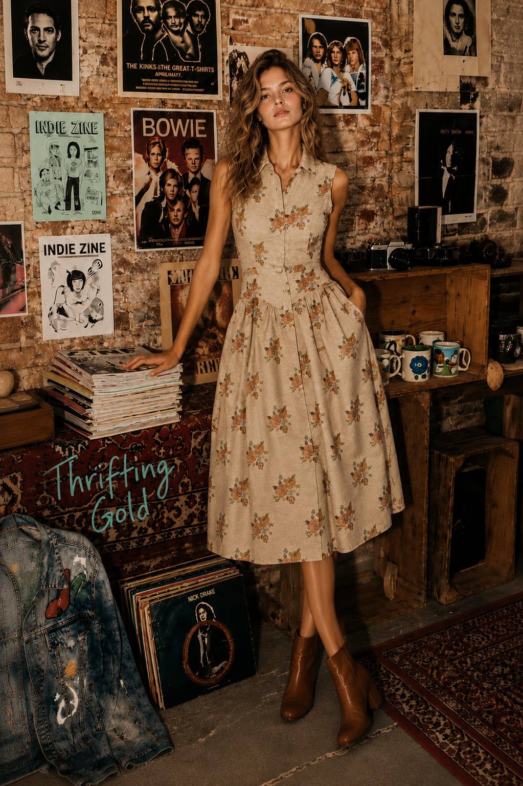 A woman stands in a rustic room wearing a sleeveless beige midi dress with a brown floral print and brown ankle boots. The background features a brick wall decorated with posters, including Bowie and Indie Zine prints, along with records and a denim jacket.