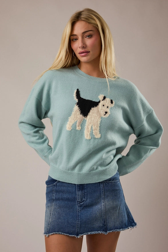 Woman wearing a light blue sweater with a dog design against a neutral background