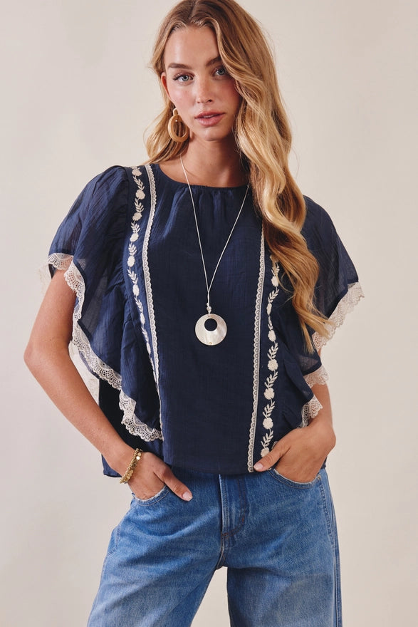 Woman wearing a navy blue top with lace details and blue jeans against a plain background