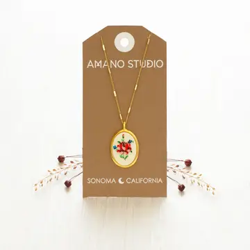 Needlepoint Flower Vintage Cameo Necklace