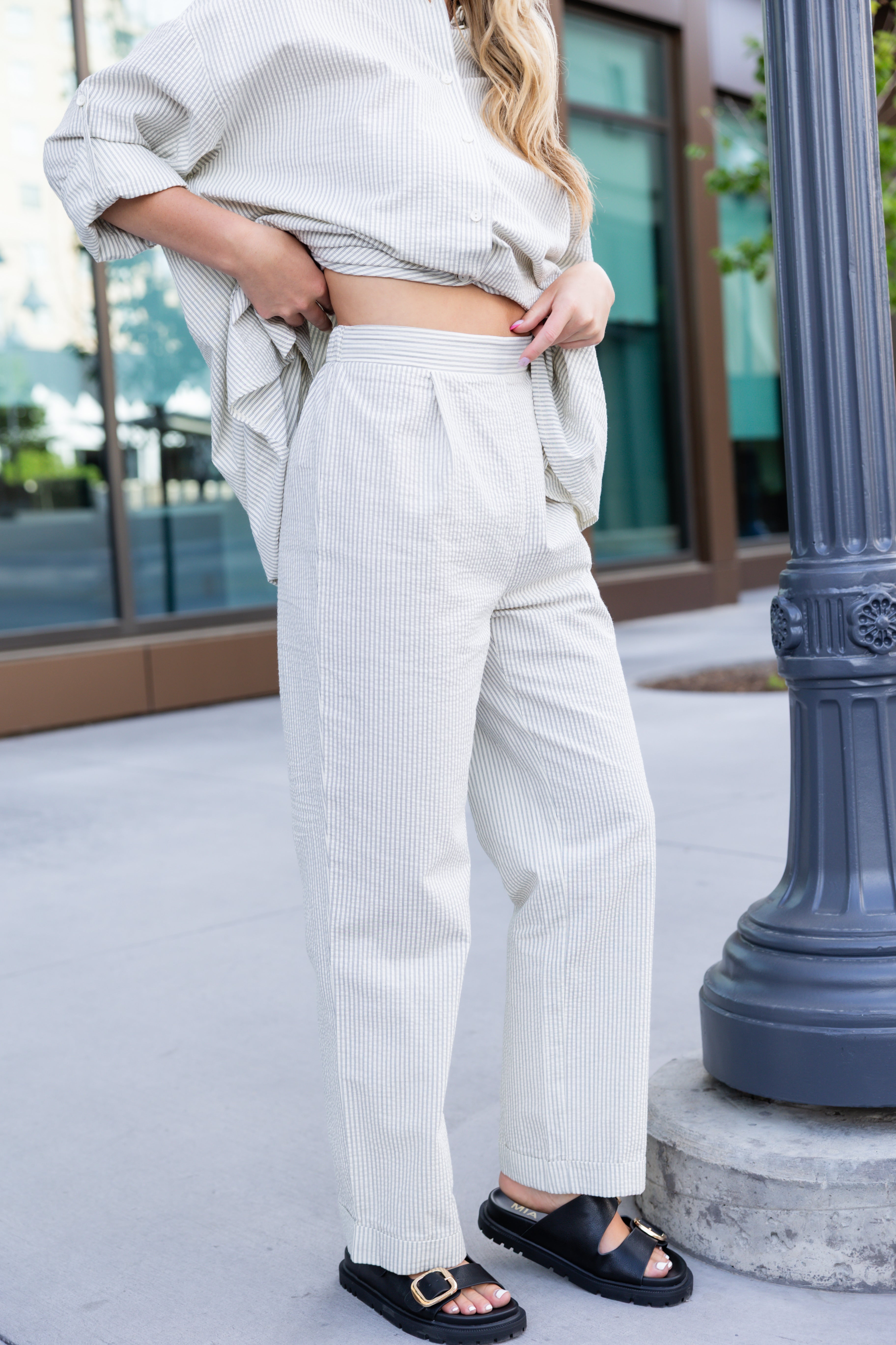 High waist linen striped straight leg trouser