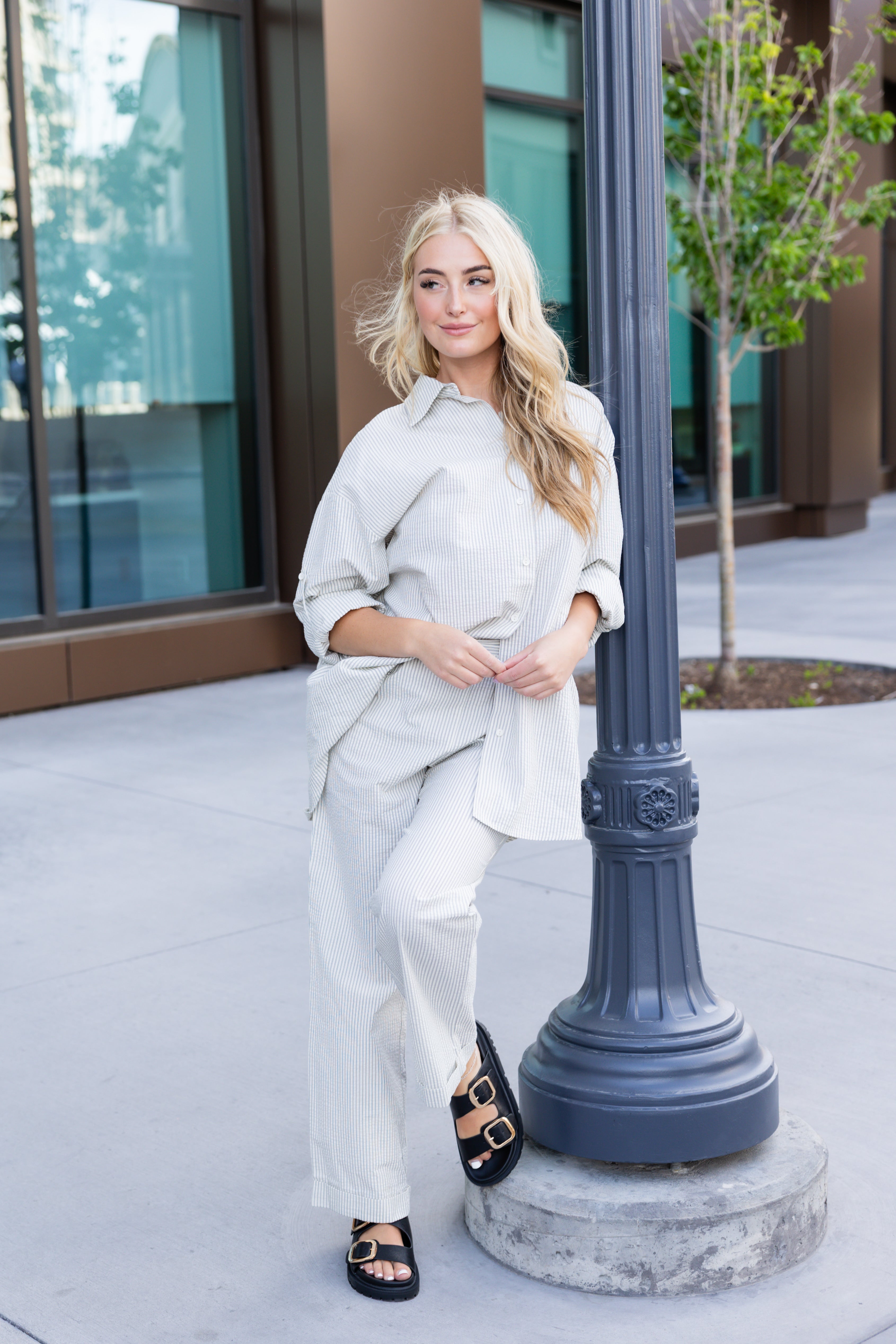 High waist linen striped straight leg trouser