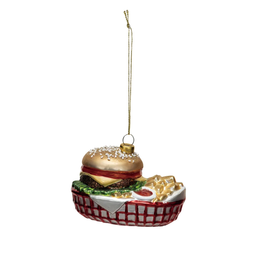 Glass Burger Combo in Basket Ornament